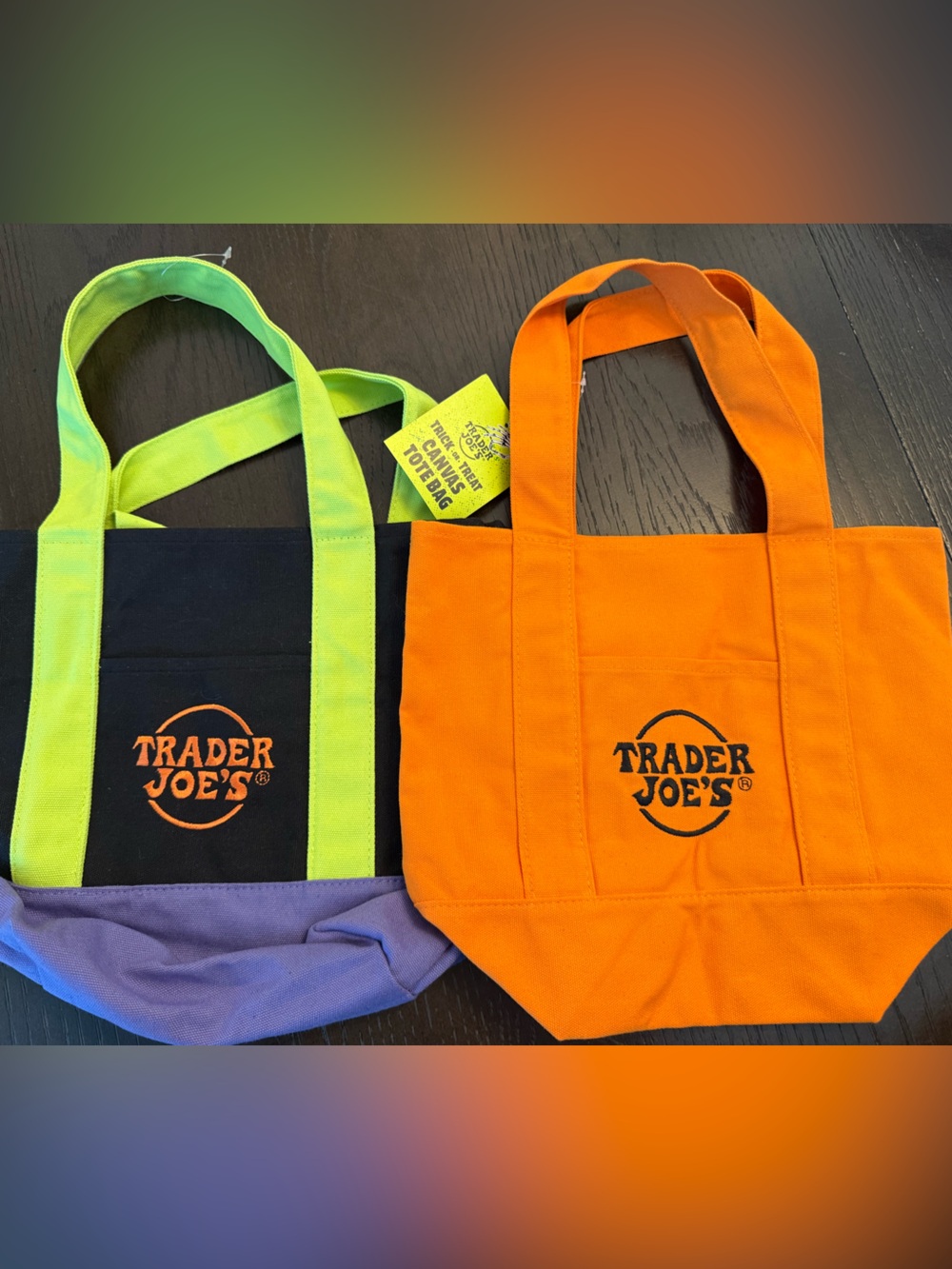 Trader Joe’s Trick or Treat Canvas Tote Bag Set 2 Orange Black Purple Lime NWT